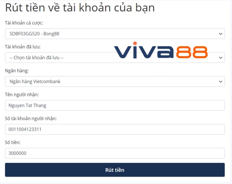 Giao diện rút tiền Viva88